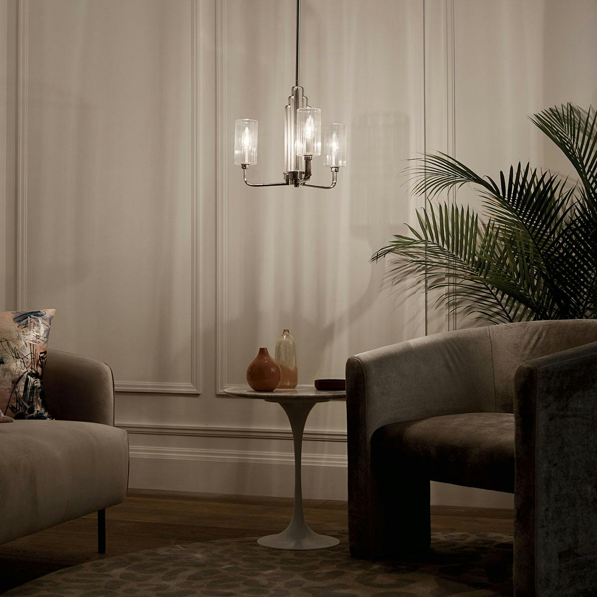 Night time Living Room image featuring Kimrose chandelier 52410PN