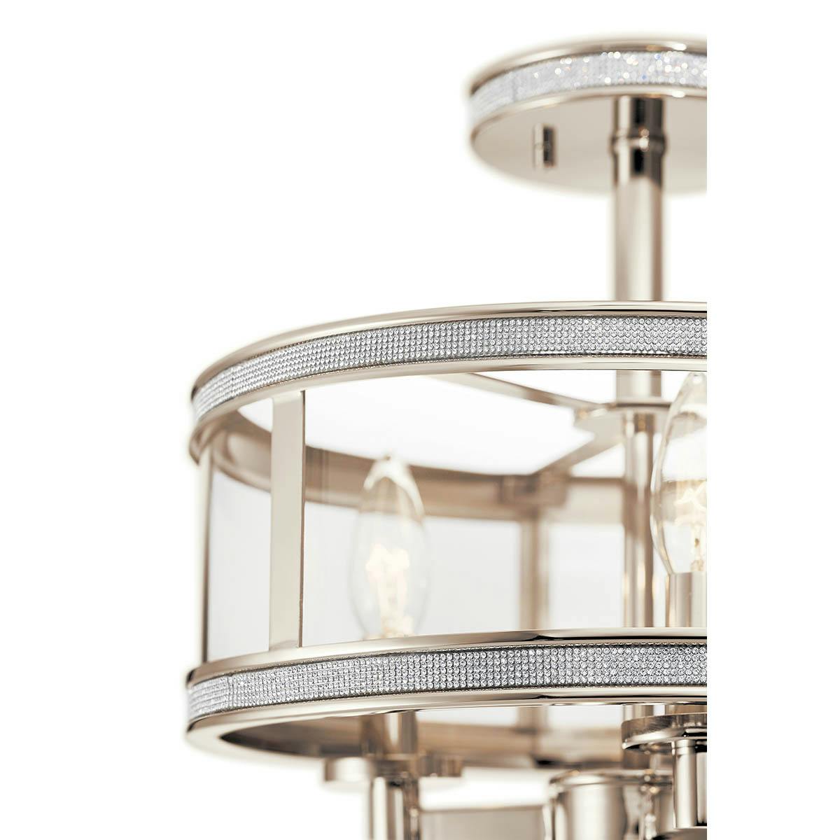 Close up view of the Angelica 3 Light Semi Flush Nickel on a white background
