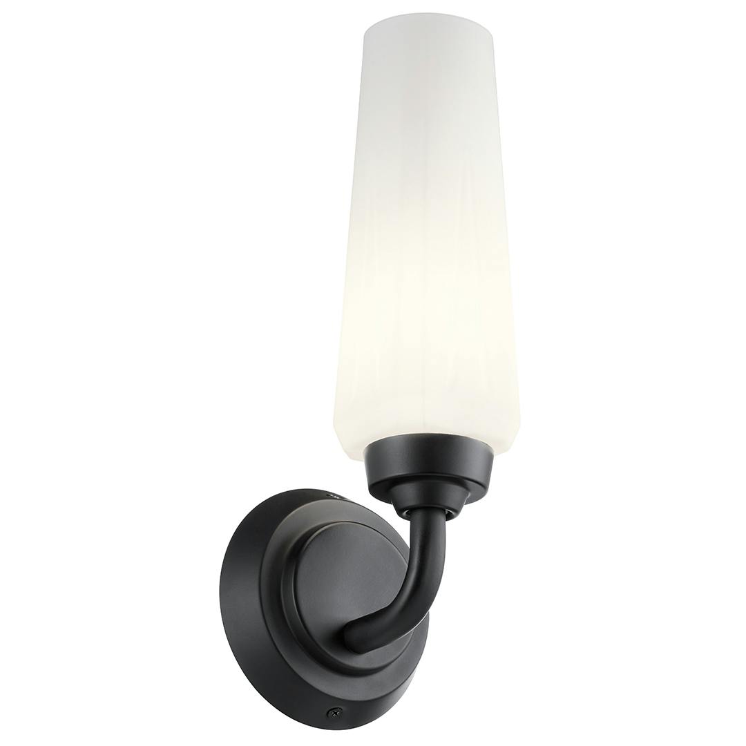 Truby 11.5 Inch 1 Light Wall Sconce with Satin Etched Cased Opal Glass in Black on a white background