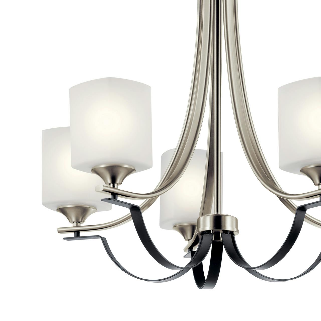 Close up view of the Tula™ 5 Light Chandelier Brushed Nickel on a white background