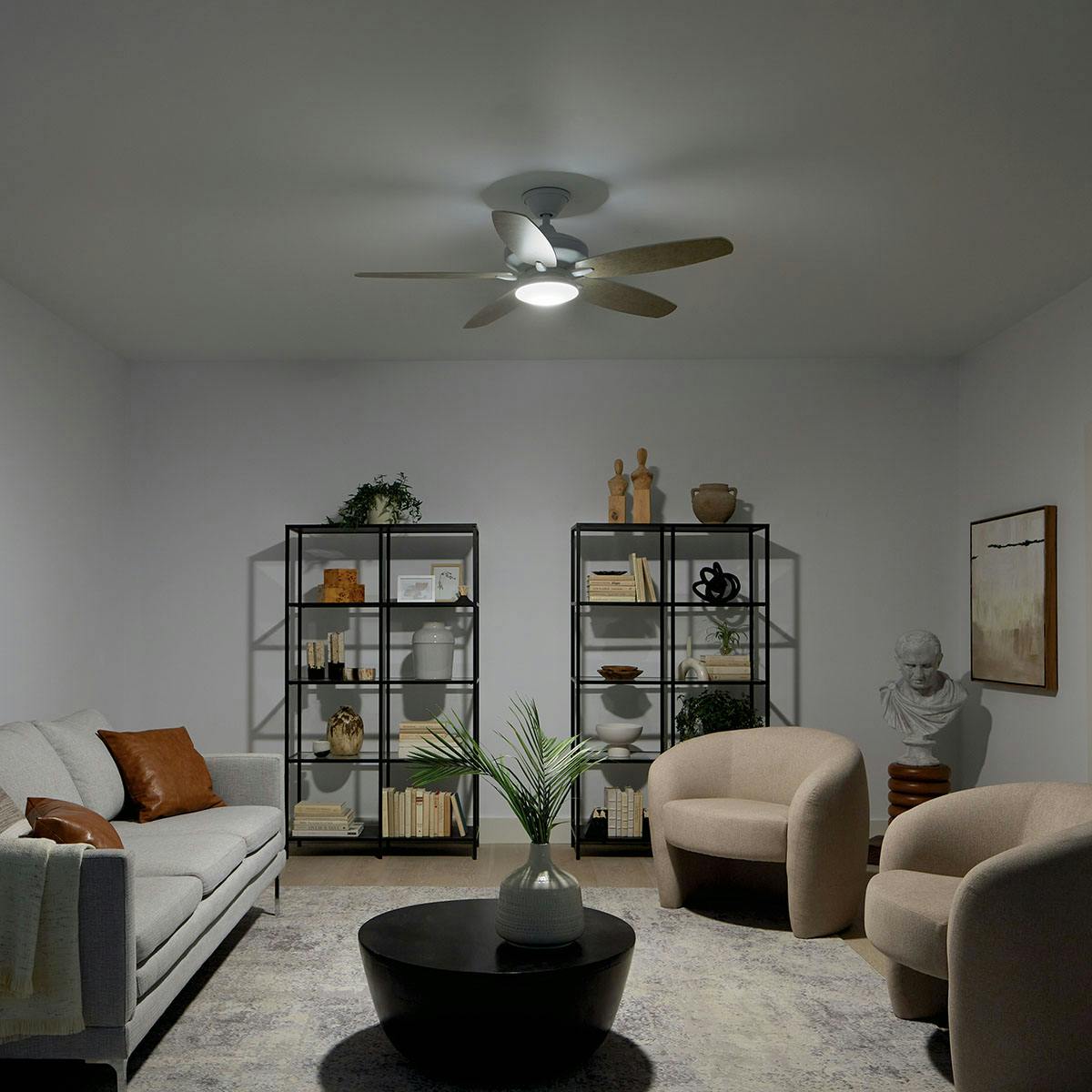 Night time living room featuring Renew ceiling fan 330163MWH