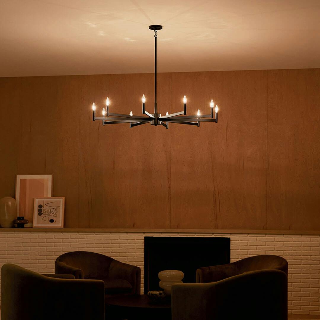 Den at night with the Erzo 48" 10 Light Chandelier in Black