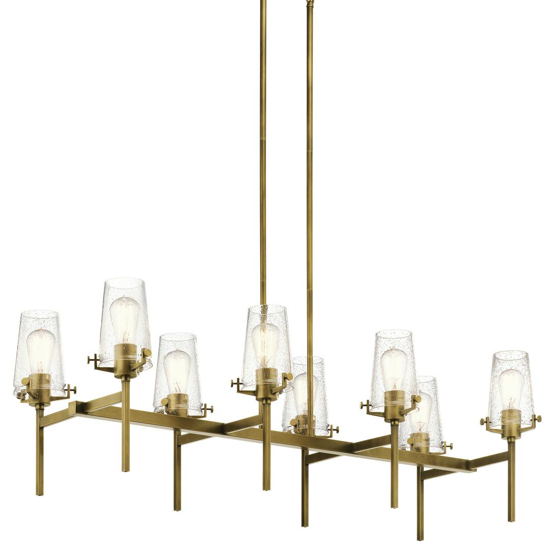 Close up of Alton 46" 8 Light Linear Chandelier Brass on a white background