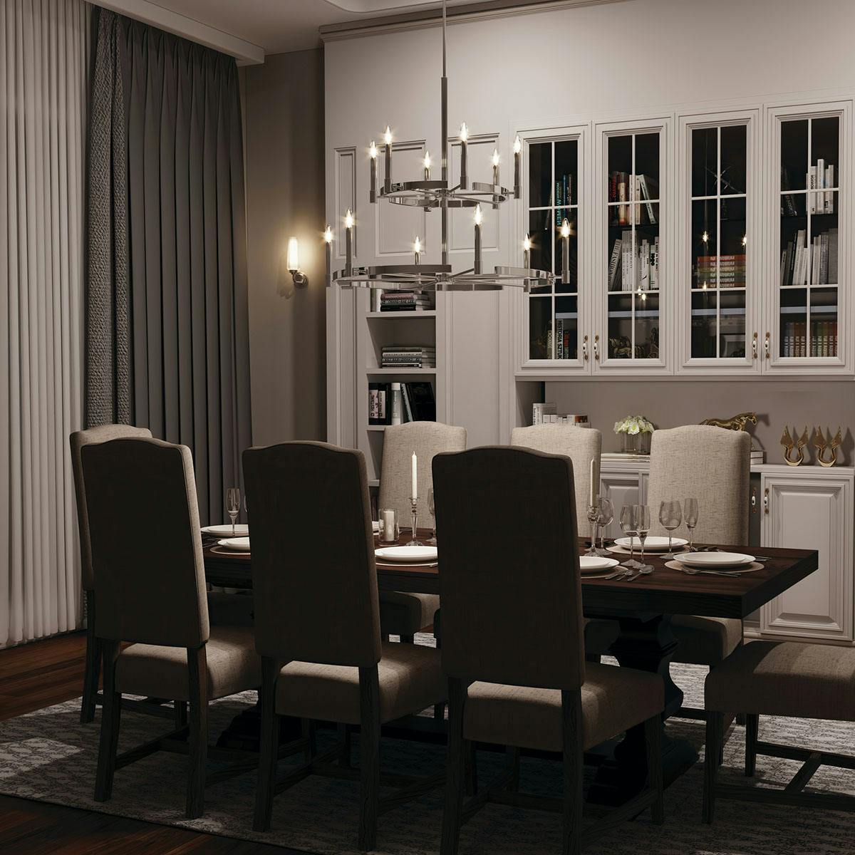 Night time dining room image featuring Tolani chandelier 52428PN