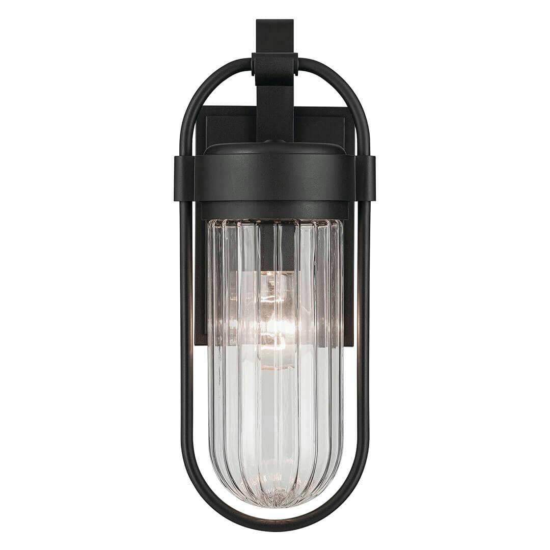 Front view of the Brix 16" 1 Light Outdoor Wall Light with Ribbed Clear Glass in Textured Black on a white background