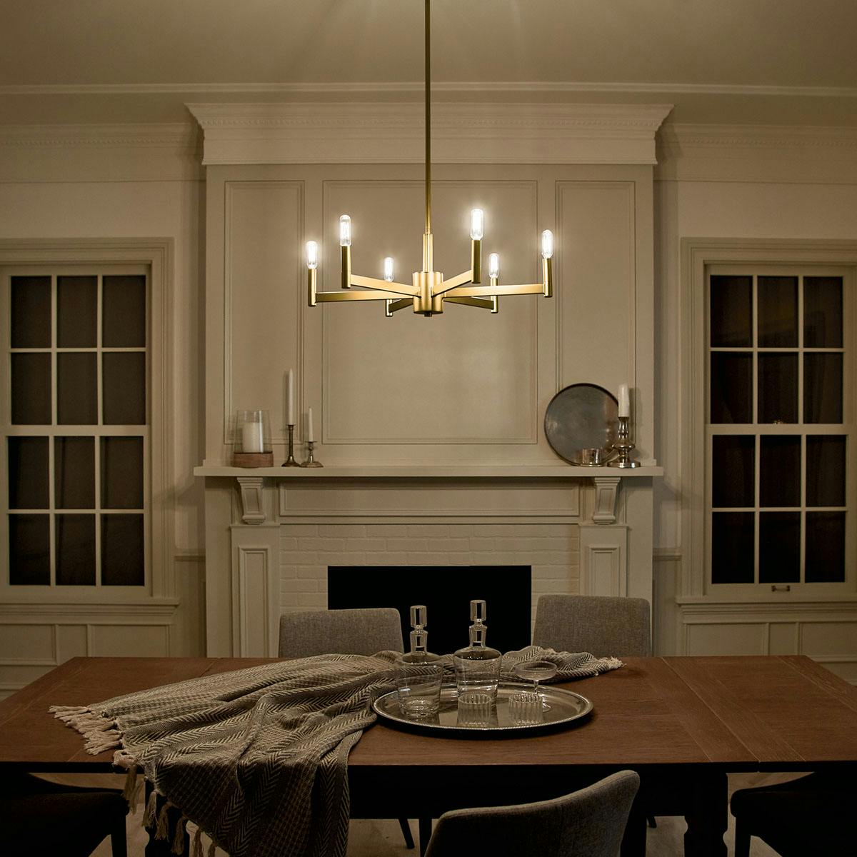 Night time dining room image featuring Erzo chandelier 43859NBR