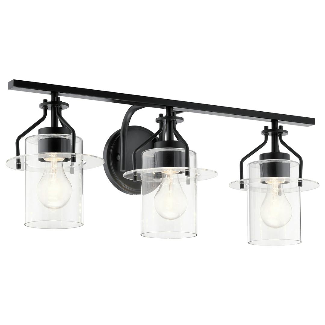 Everett 24 Inch 3 Light Vanity Light with Clear Glass in Black on a white background