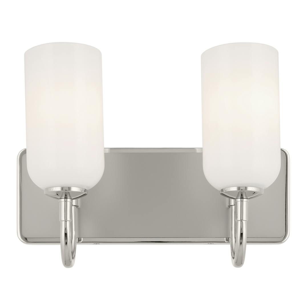 Front view of the Solia 14.25 Inch 2 Light Vanity with Opal Glass in Polished Nickel with Stain Nickel on a white background