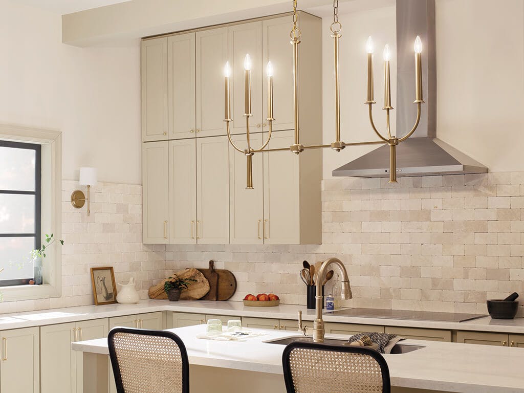 Day time kitchen with Florence 40" 6 Light Linear Chandelier Brushed Natural Brass