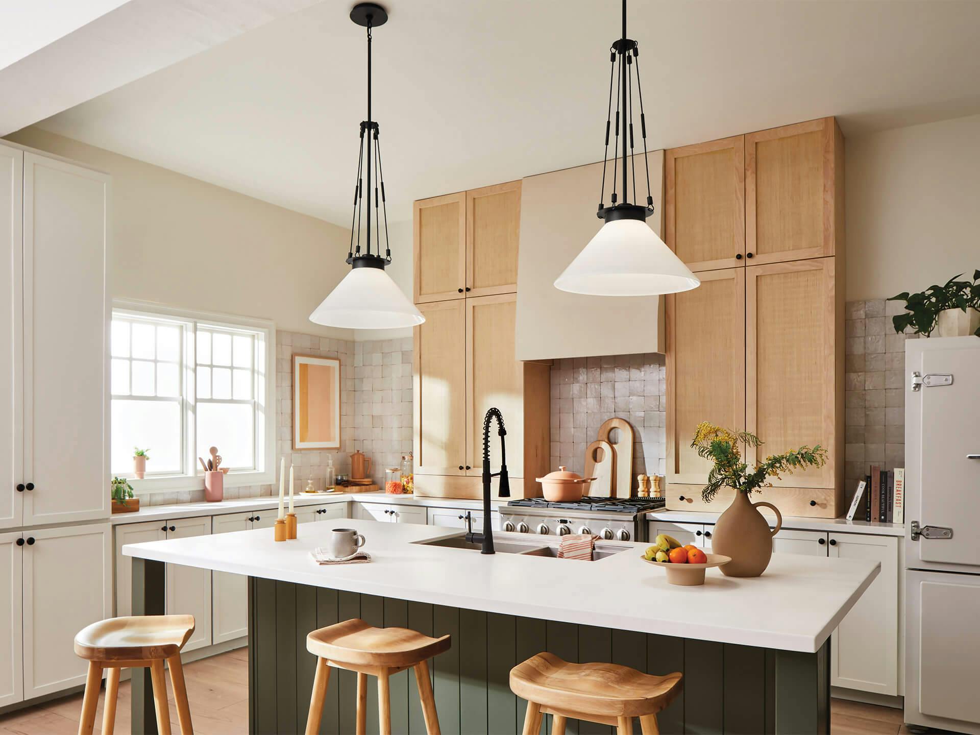 White and natural wood kitchen with two Albers pendants in black finish hanging over the center island