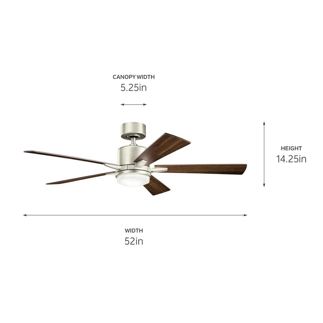 Lucian™ LED 52" Fan Brushed Nickel with dimensions on a white background