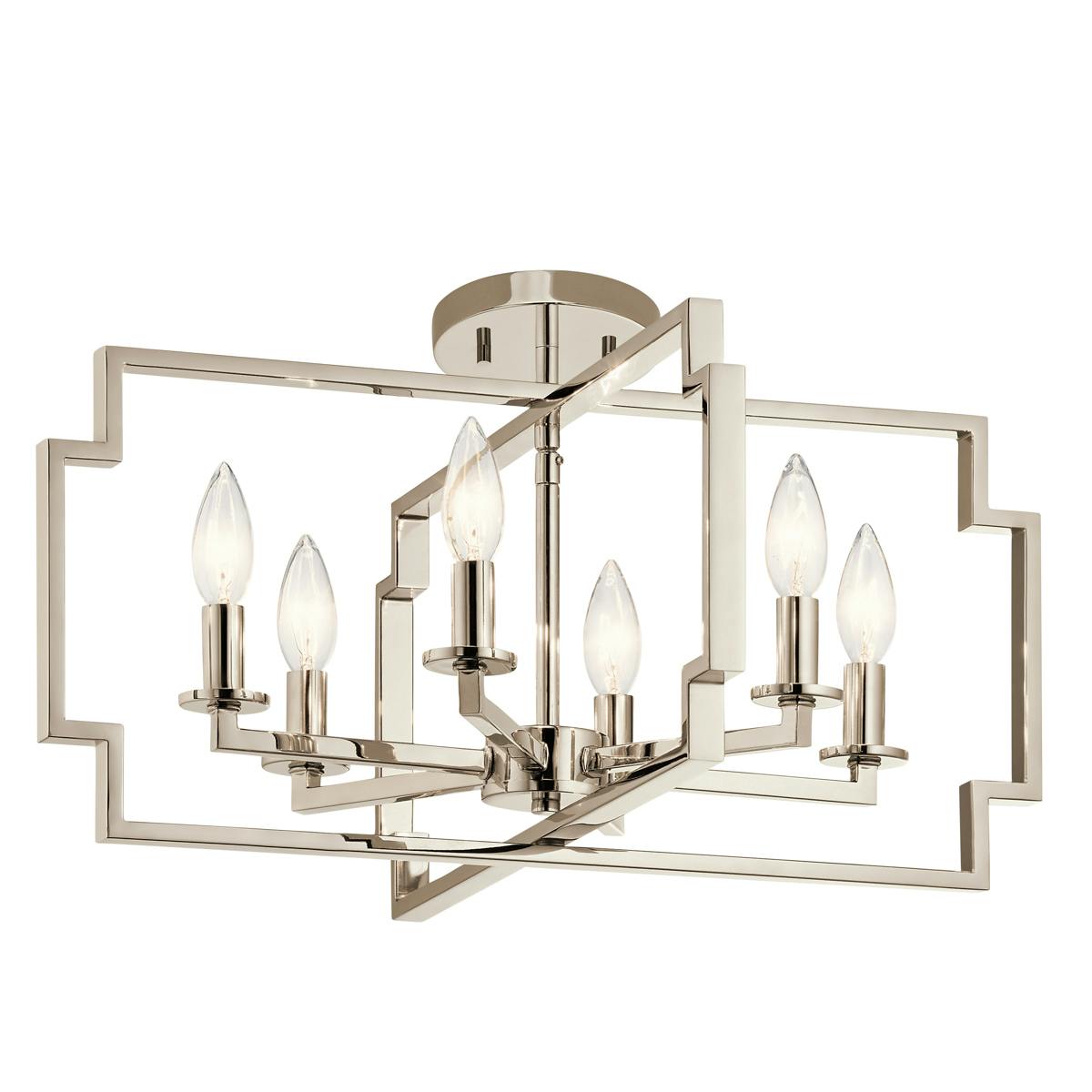 Downtown Deco 6 Light Chandelier Nickel shown as a semi-flush on a white background