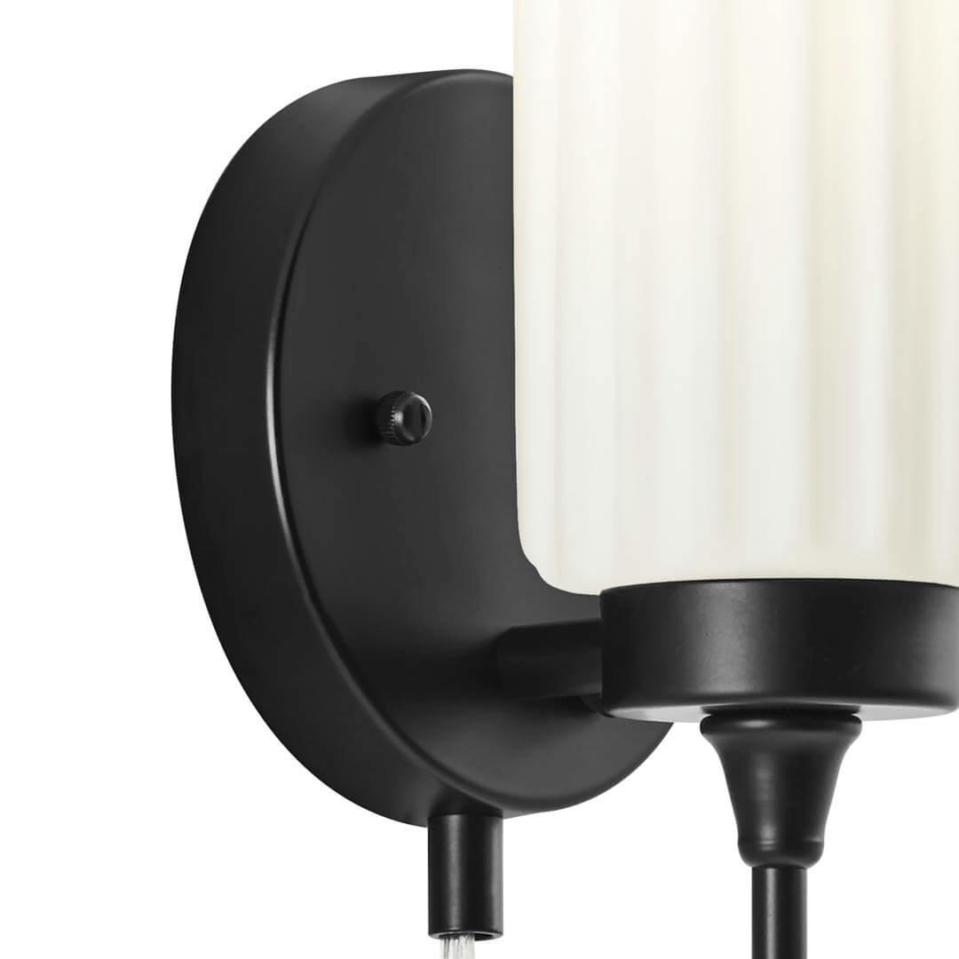 Close up of Thelma 16 Inch 1 Light Plug-In Wall Sconce with Satin-Etched Cased Opal Glass in Matte Blackon a white background