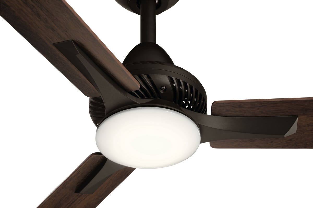 Close up view of the 52" Kosmus LED Fan Satin Natural Bronze on a white background