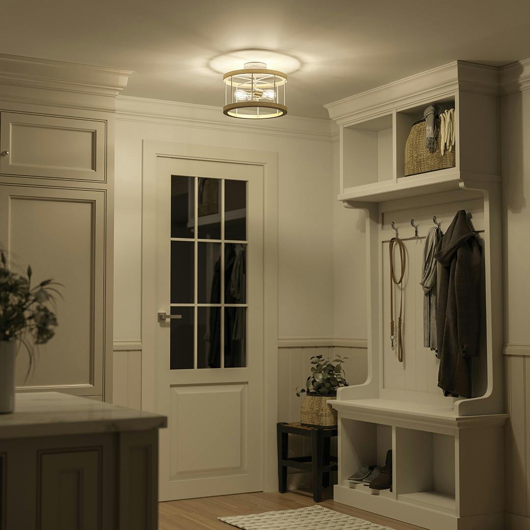 Night time view of the Barrett 14" 2 Light Convertible Flush Mount Distressed Antique Gray