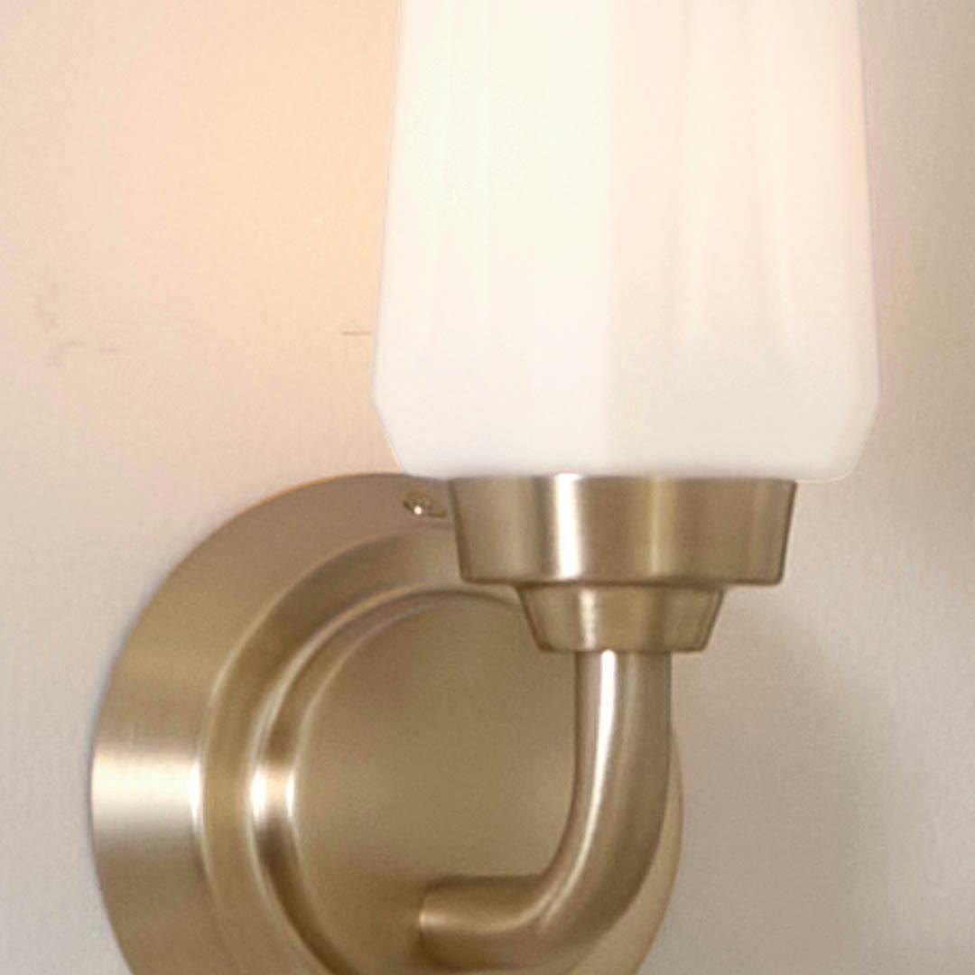 Day time bathroom with Truby 11.5 Inch 1 Light Wall Sconce with Satin Etched Cased Opal Glass in Champagne Bronze