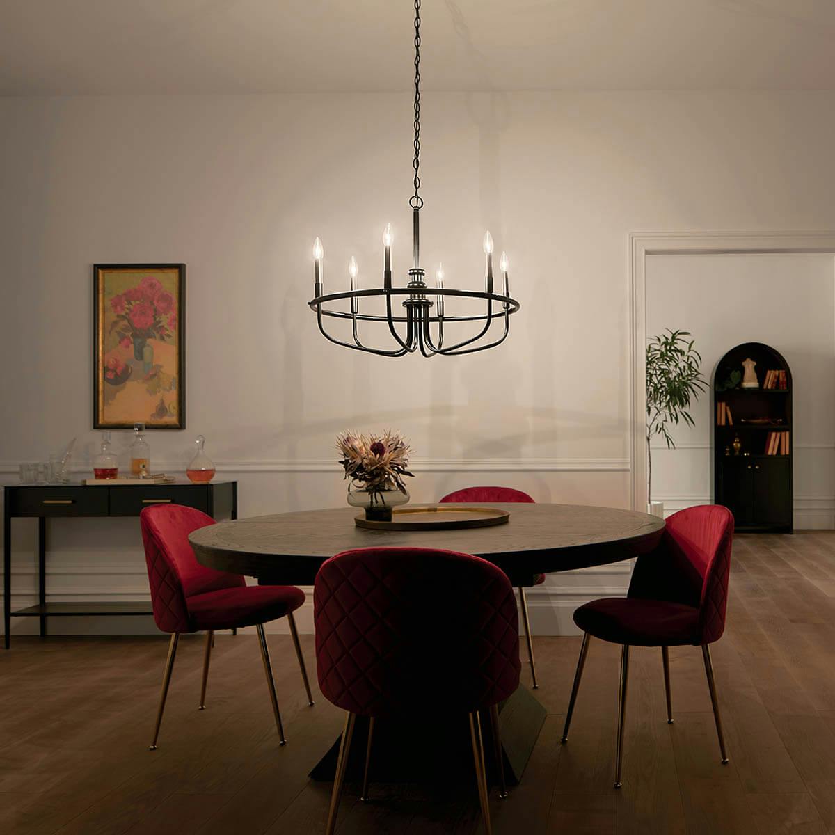 Night time Dining Room with Capitol Hill 6 Light Chandelier Black