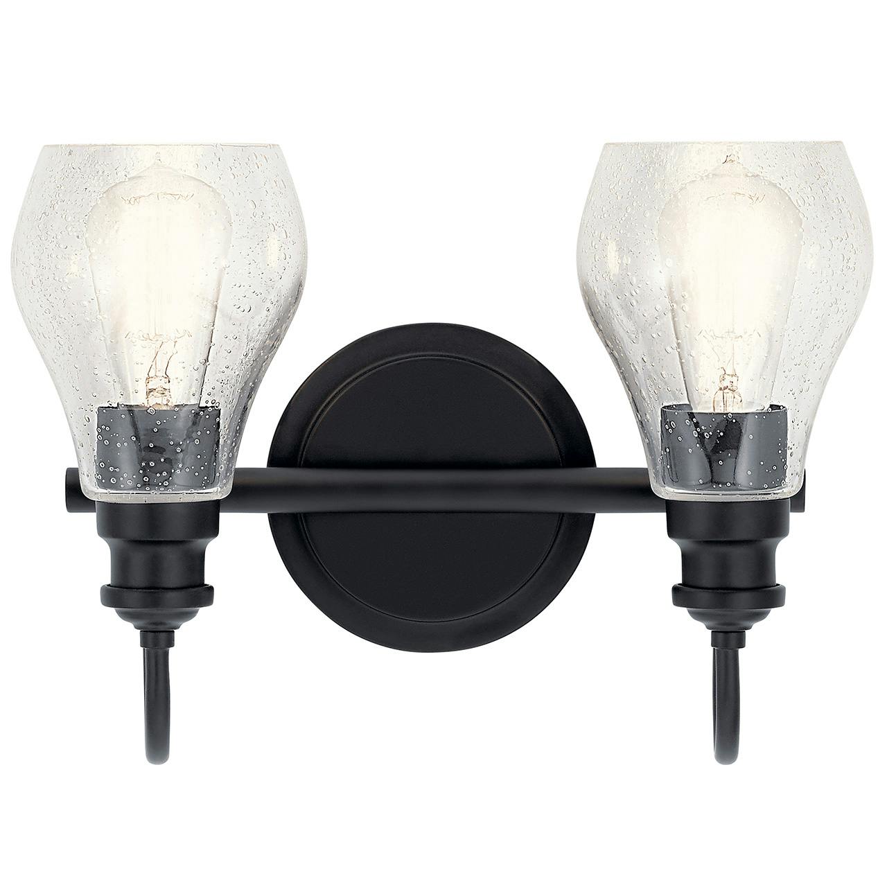 The Greenbrier™ 2 Light Vanity Light Black facing up on a white background