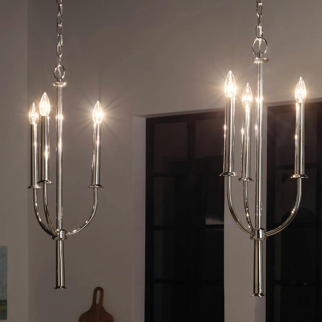 Night time kitchen with Florence 28.5" 3 Light Pendant Polished Nickel
