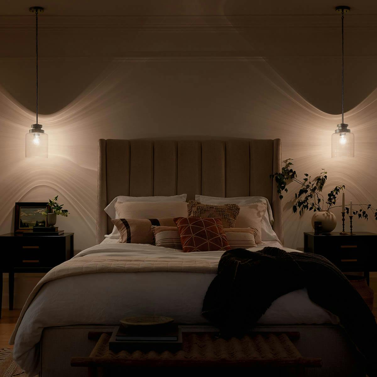 Night time bedroom with Annabeth 8" 1 Light Mini Pendant Brushed Nickel
