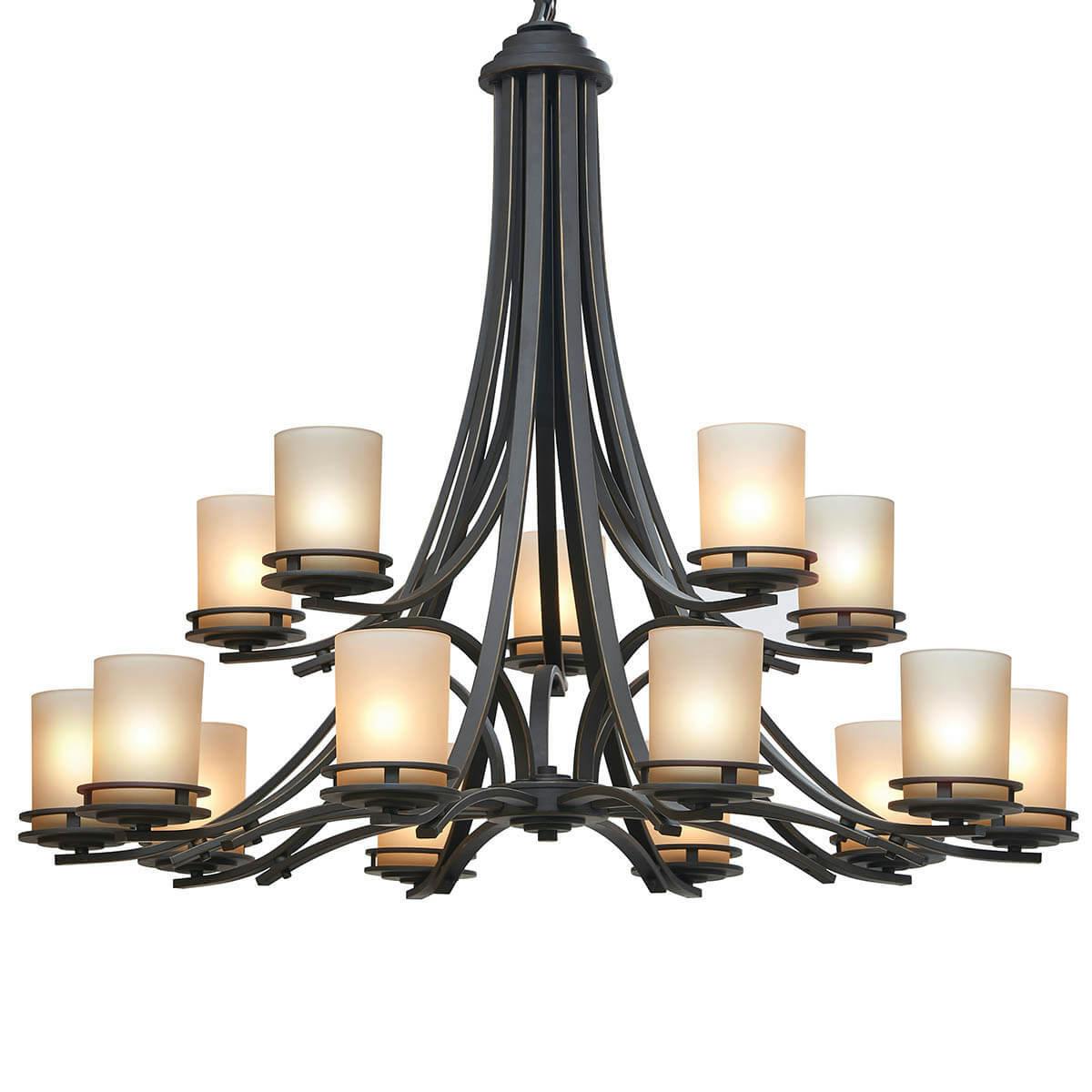 Hendrik™ 36" 15 Light Chandelier with Light Umber Etched Glass Olde Bronze® on a white background