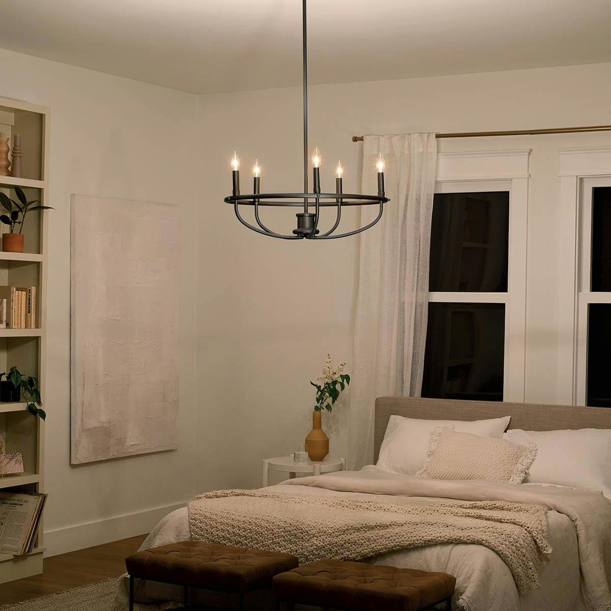 Night time bedroom featuring Bethel chandleir 82370