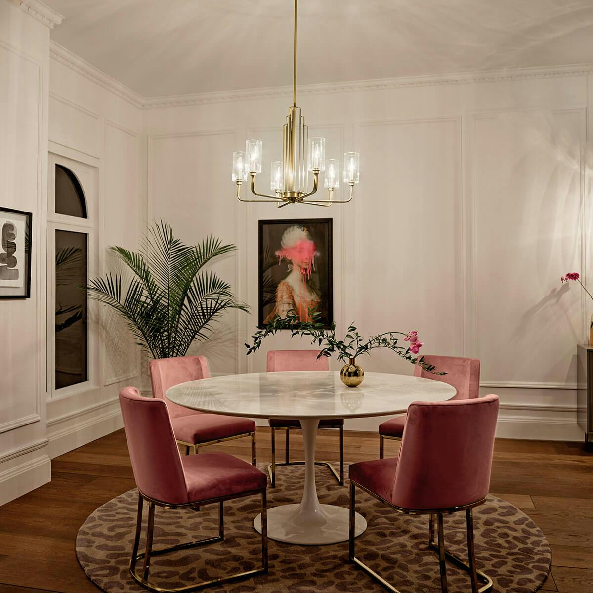 Night time dining room image featuring Kimrose chandelier 52411BNB