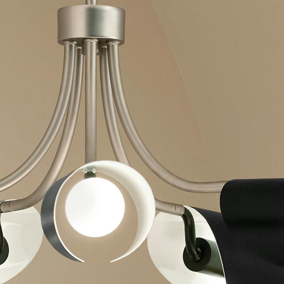 Close up of the Arcus 29.25 Inch 5 Light Convertible Chandelier in Satin Nickel with Black