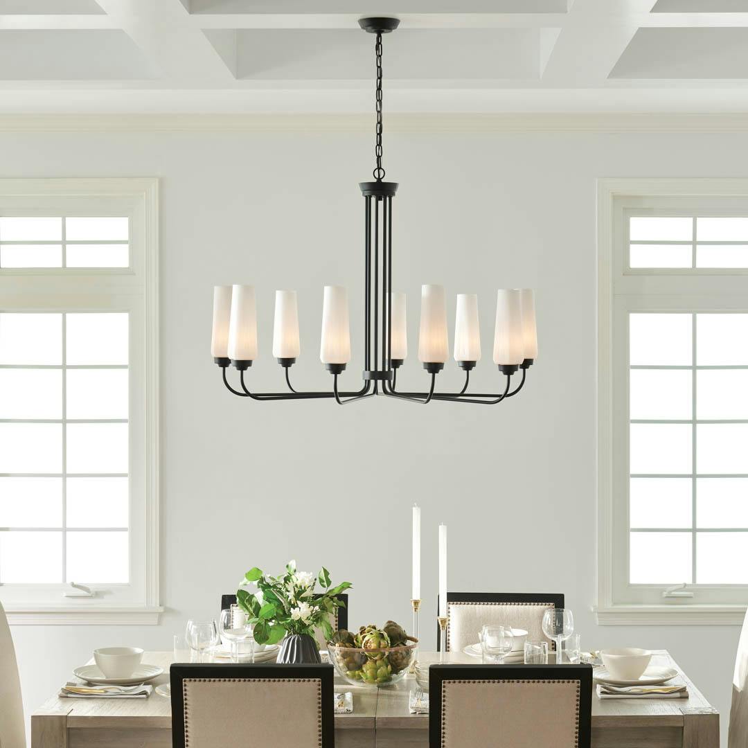 Day time dining room with Truby 9 Light Chandelier Black