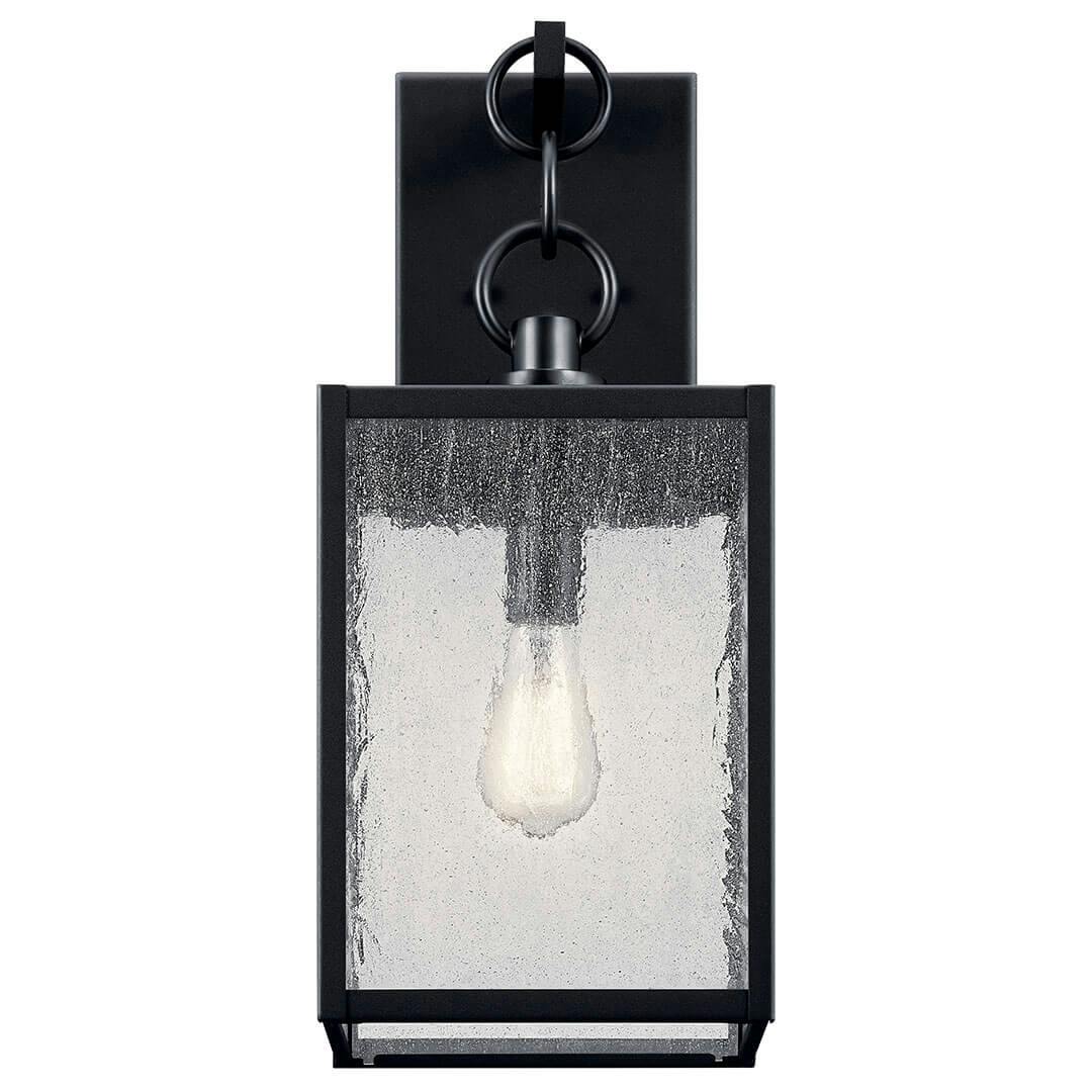 Front view of the Lahden 21.75" 1 Light Outdoor Wall Light with Clear Seeded Glass in Textured Black on a white background