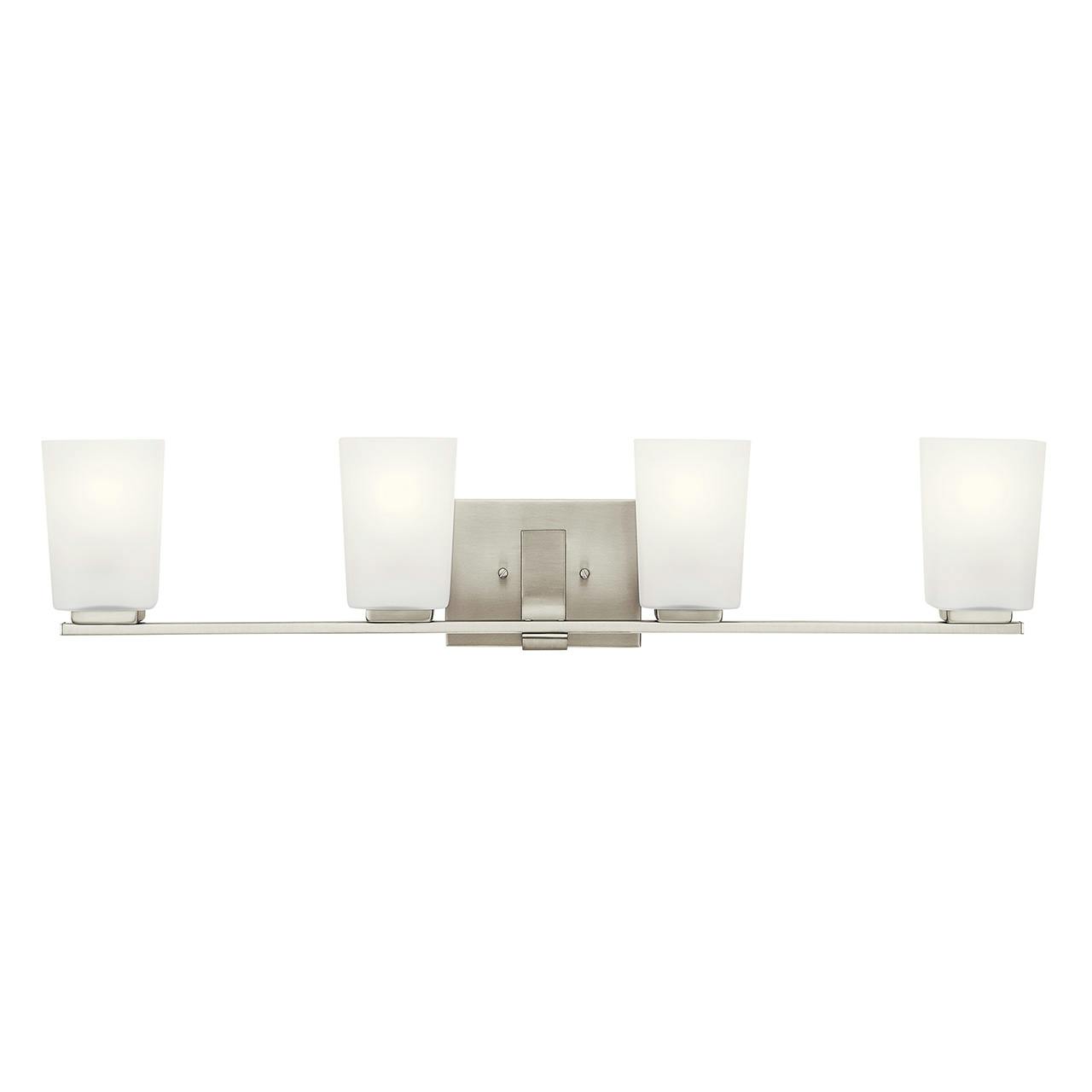 The Roehm 4 Light Vanity Light Brushed Nickel facing up on a white background