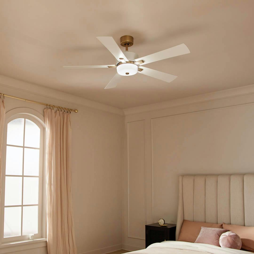 Day time bedroom with 56" Icon 5 Blade LED Indoor Ceiling Fan White