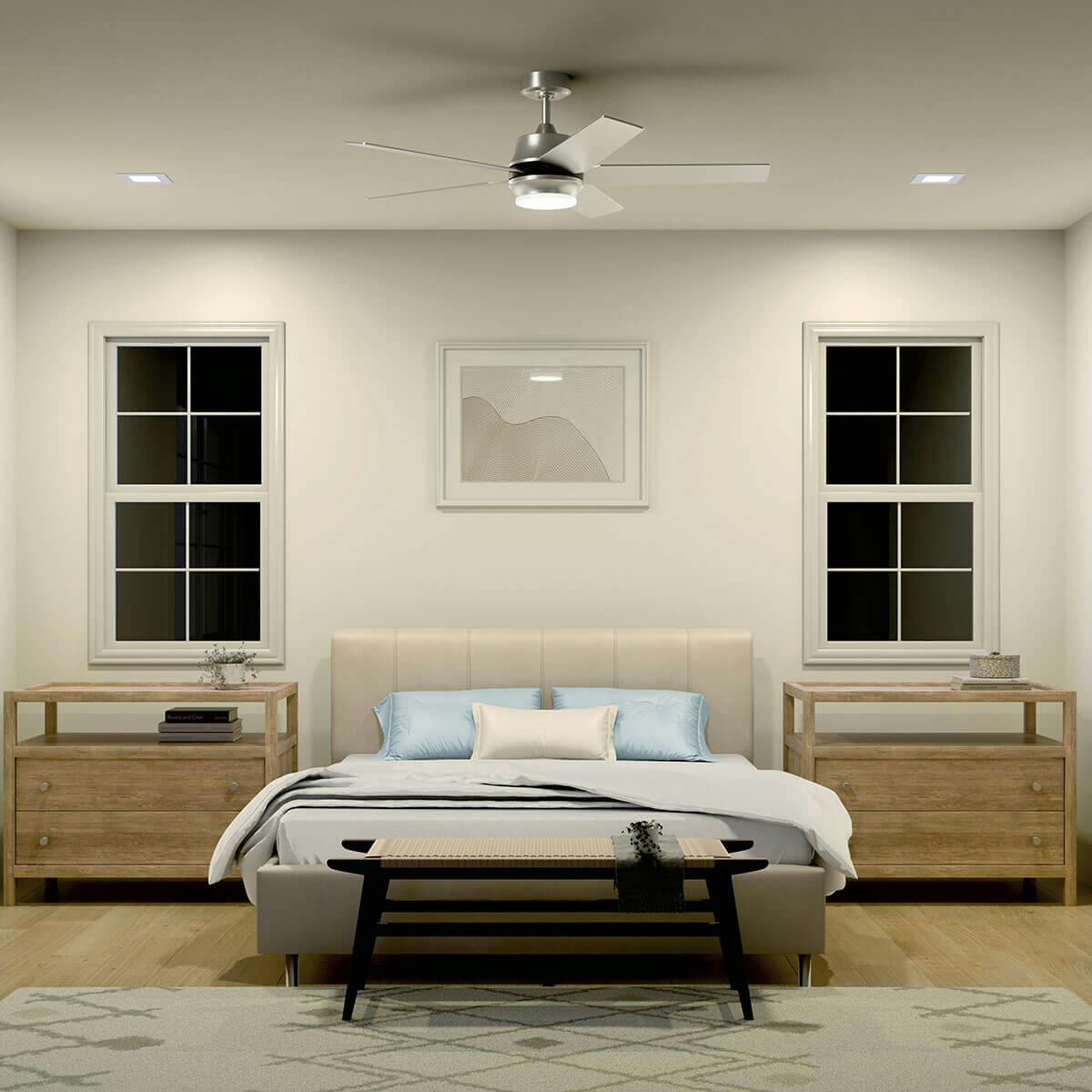 Night time bedroom image featuring Brahm ceiling fan 300059BSS