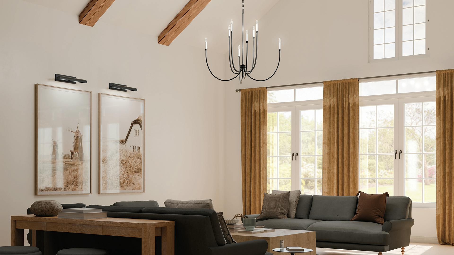Malene black chandelier hanging over living room during the day