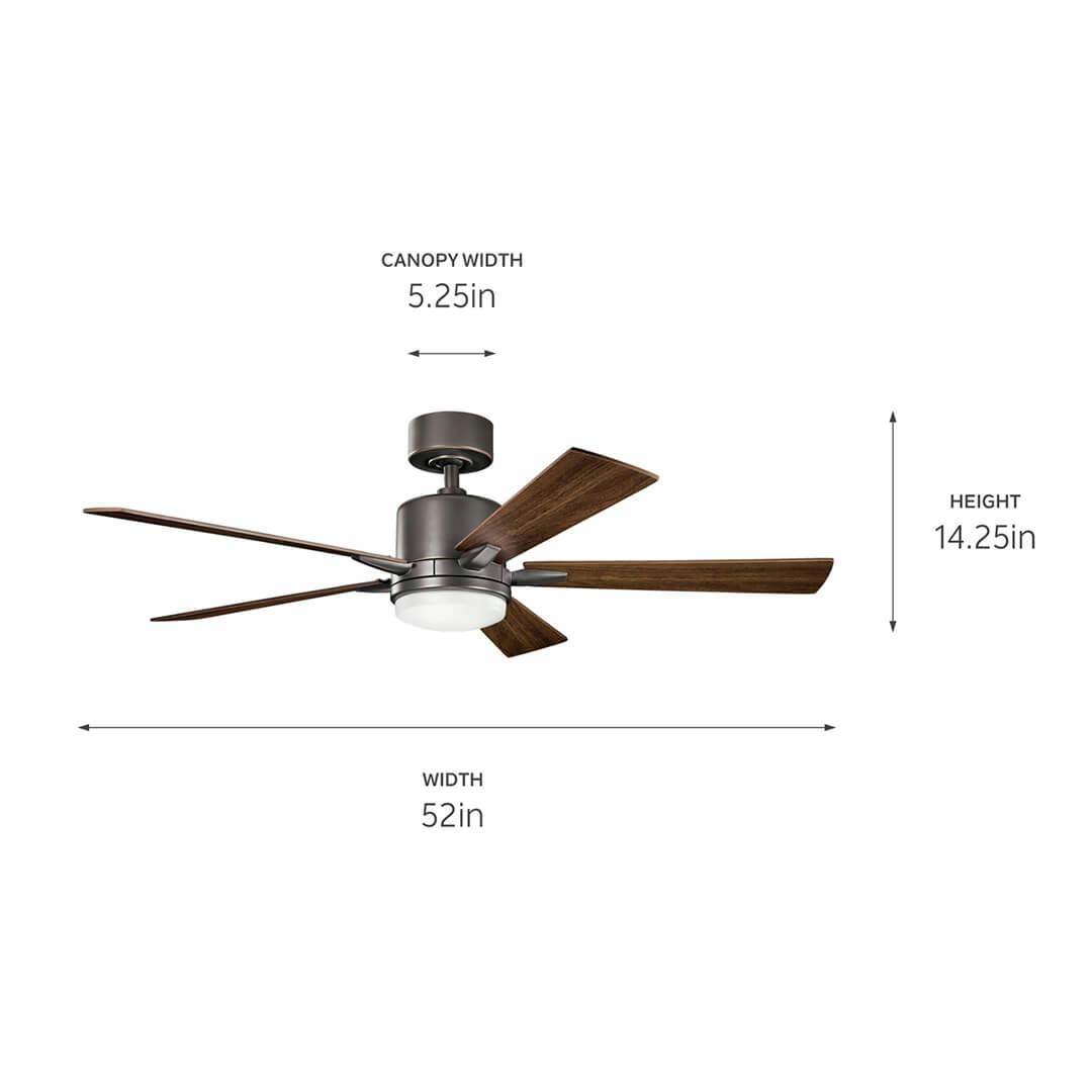 Lucian™ LED 52" Fan Olde Bronze® with dimensions on a white background