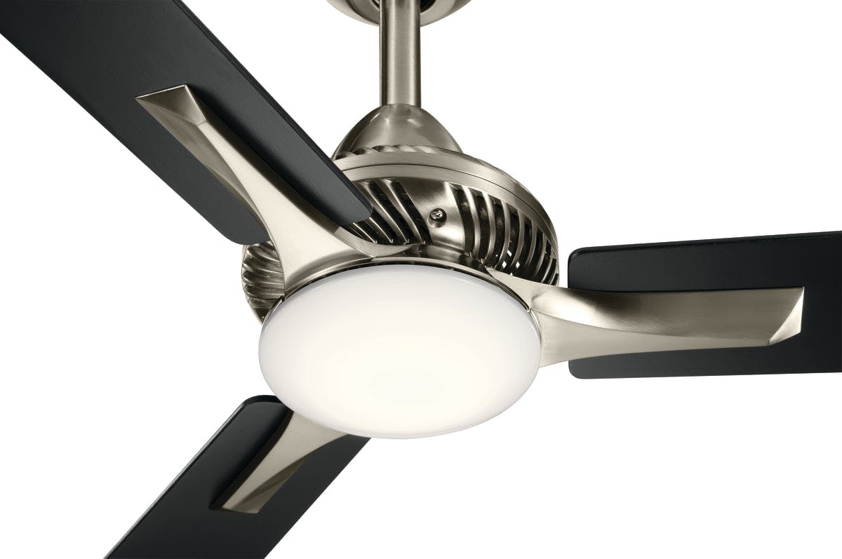 Close up view of the 52" Kosmus LED Fan Stainless Steel on a white background