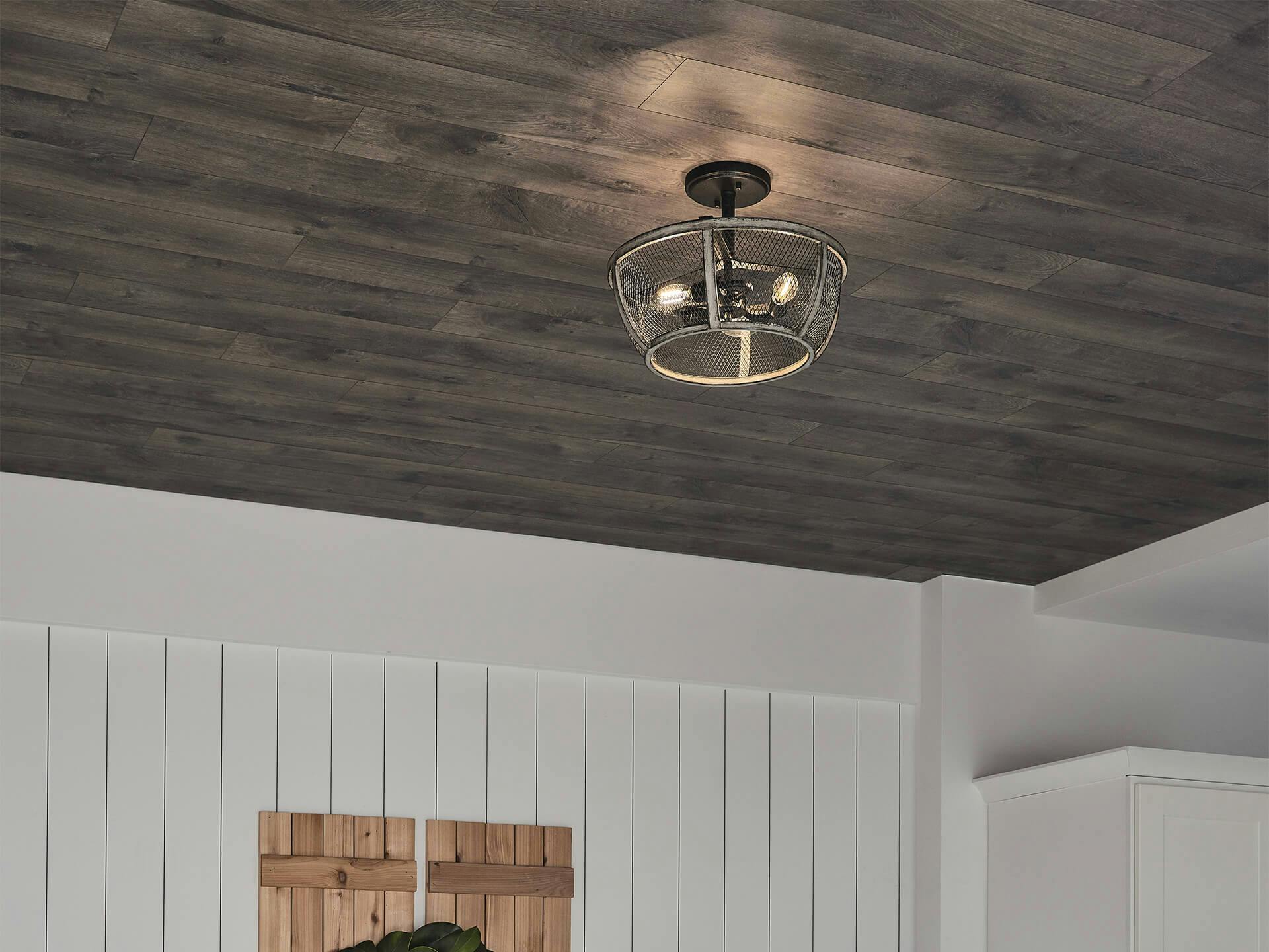Wood ceiling with a Mascarello mount light glowing