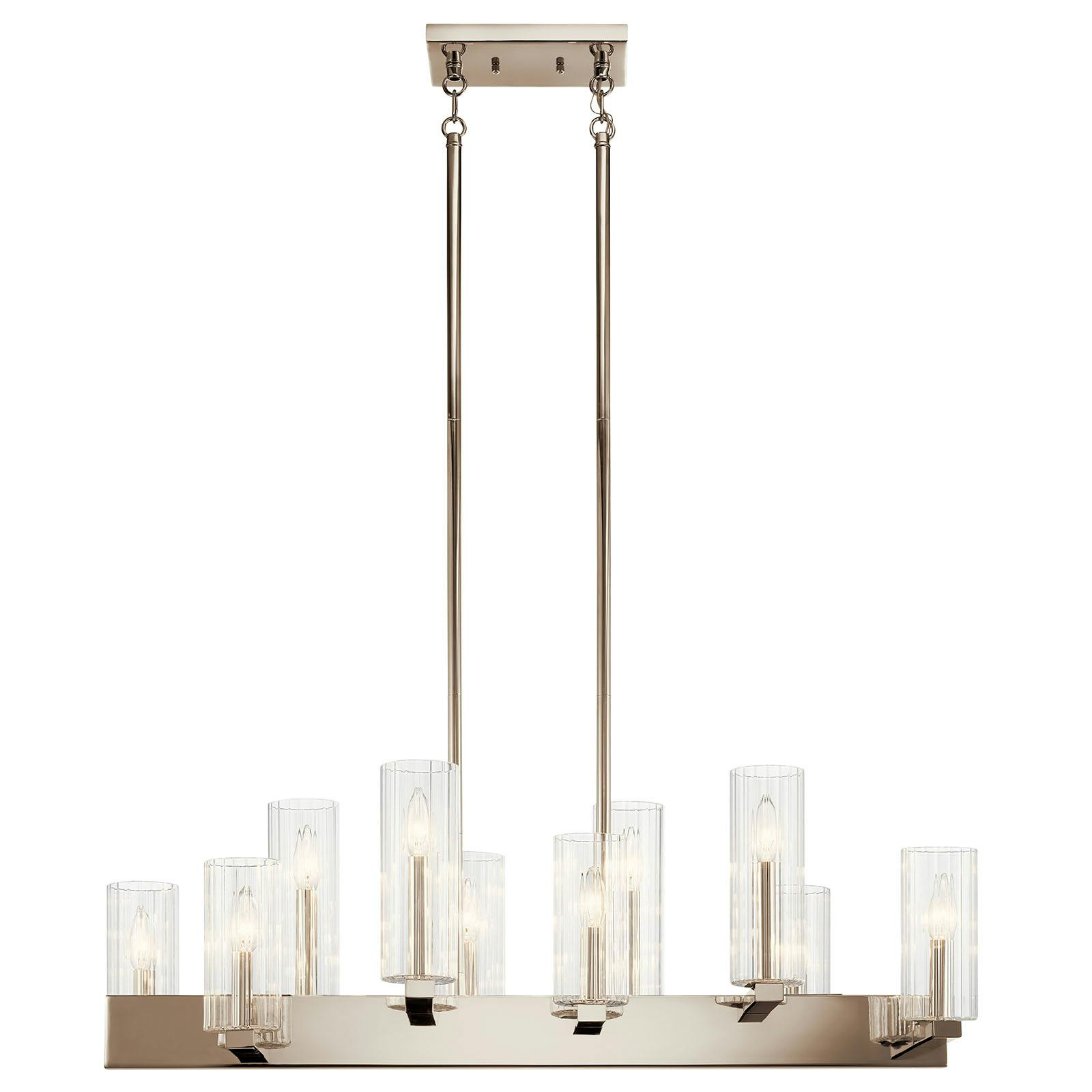 Front view of the Cleara10 Light Linear Chandelier Nickel on a white background