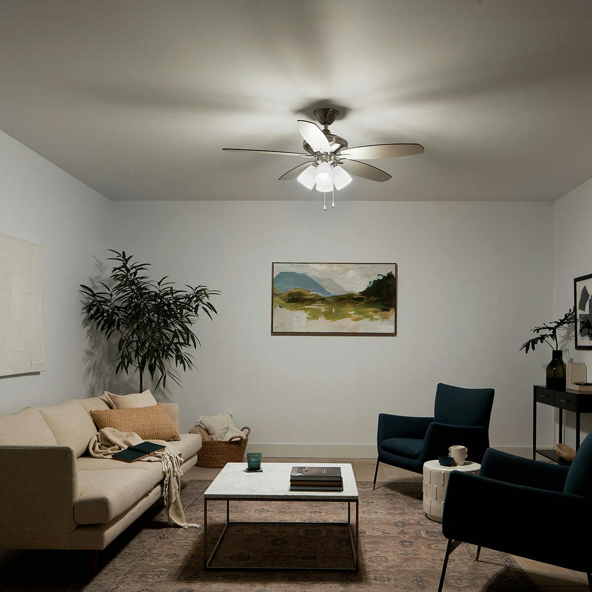 Night time living room featuring Renew ceiling fan 330162BSS