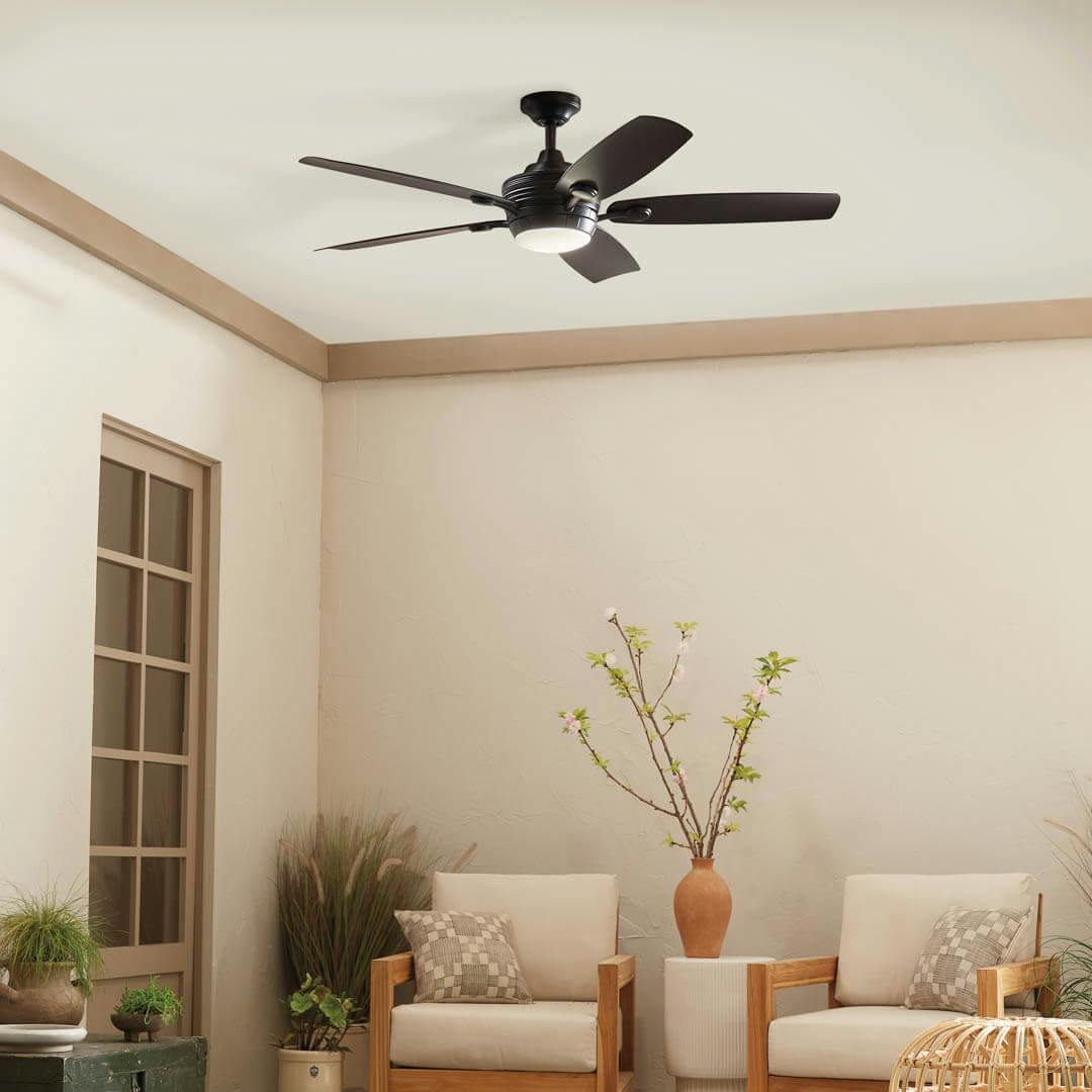 Day time interior with 56" Tranquil 5 Blade LED Outdoor Ceiling Fan Satin Black