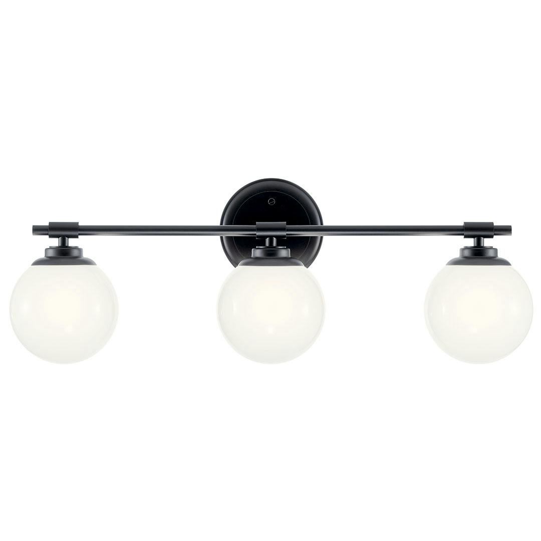 The Benno 24.5 Inch 3 Light Vanity Light with Opal Glass in Black mounted down on a white background
