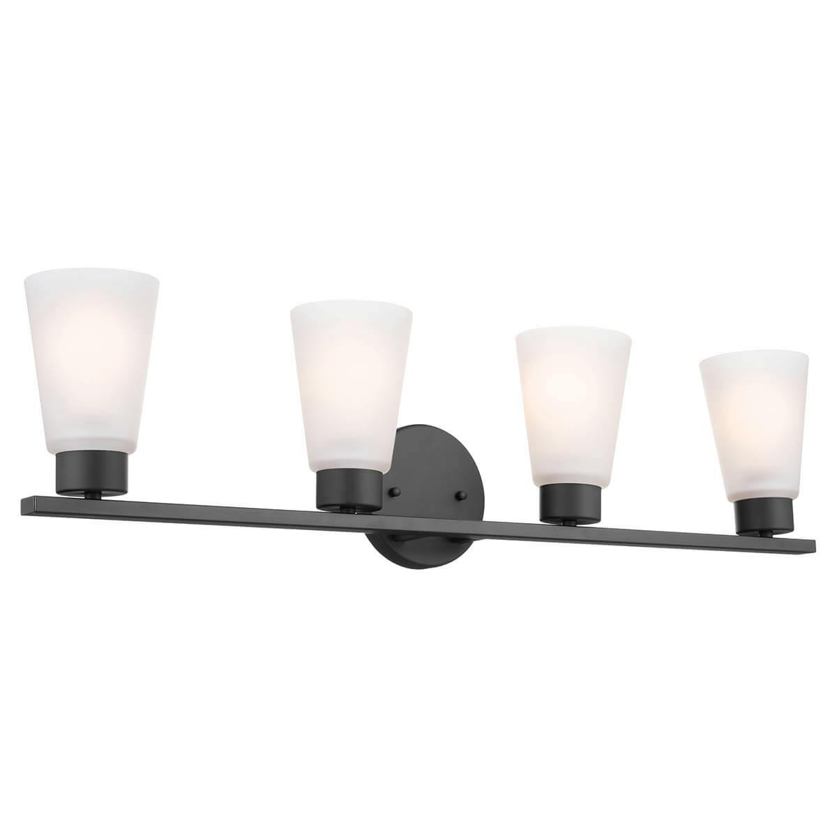The Stamos 26" 4 Light Vanity Light Black facing up on a white background