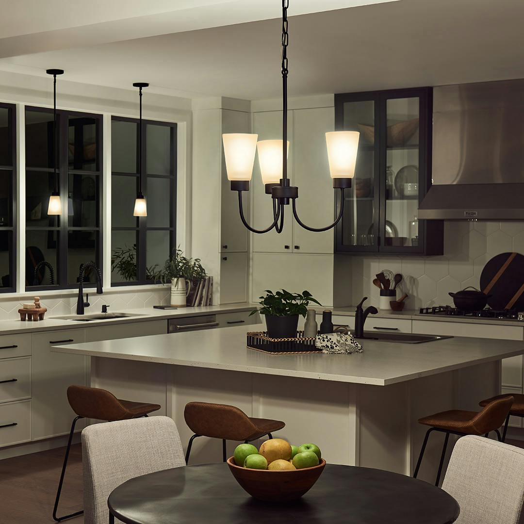 Night time Kitchen with Erma 18" 3 Light Chandelier Black