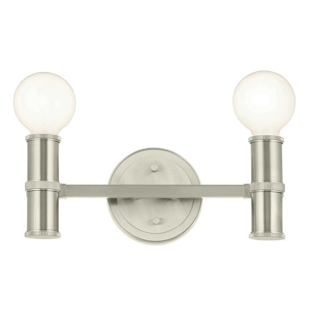 Front view of the Torche 13 Inch 2 Light Vanity in Brushed Nickel on a white background