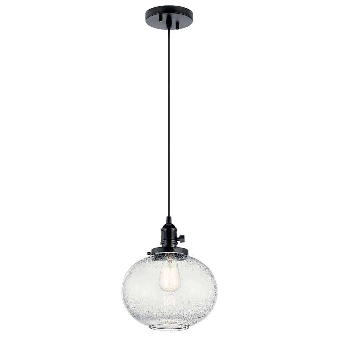 The Avery 11.25 Inch 1 Light Mini Pendant with Clear Seeded Glass in Black on a white background
