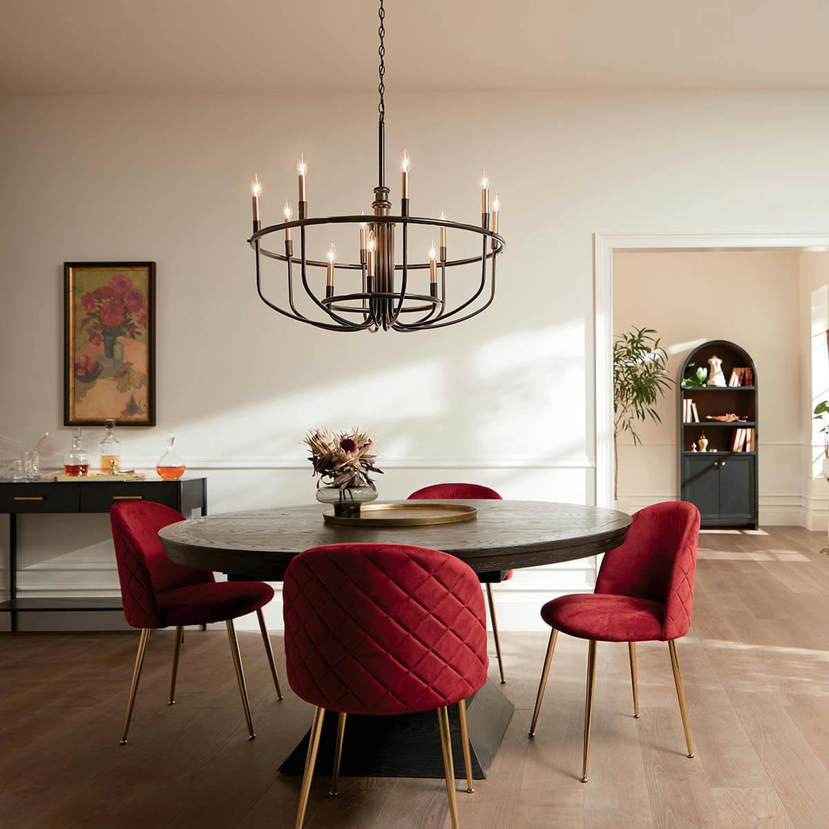 Day time dining room with Capitol Hill 12 Light Chandelier Black