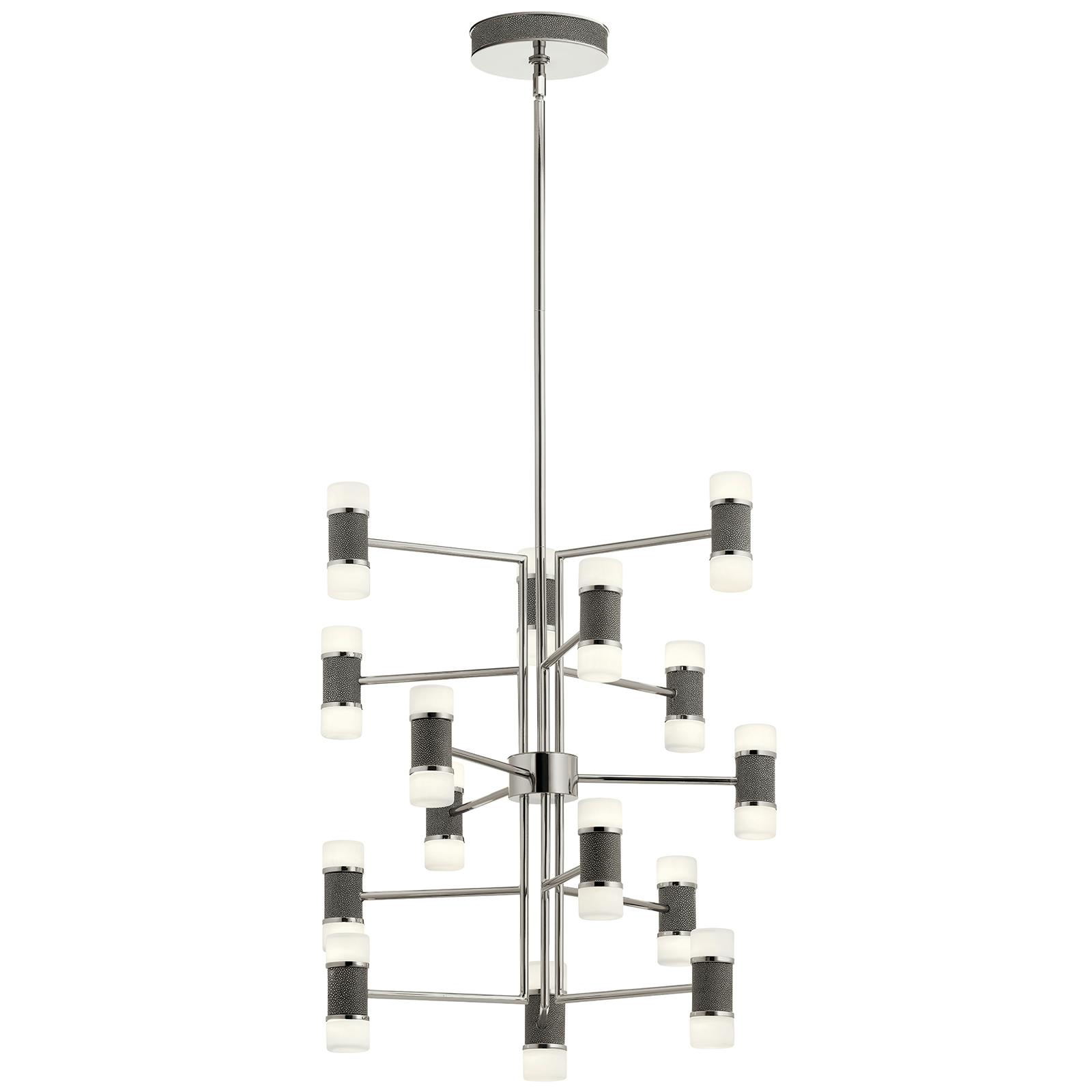 Profile view of the Vey 5 Tier Foyer Chandelier Nickel on a white background