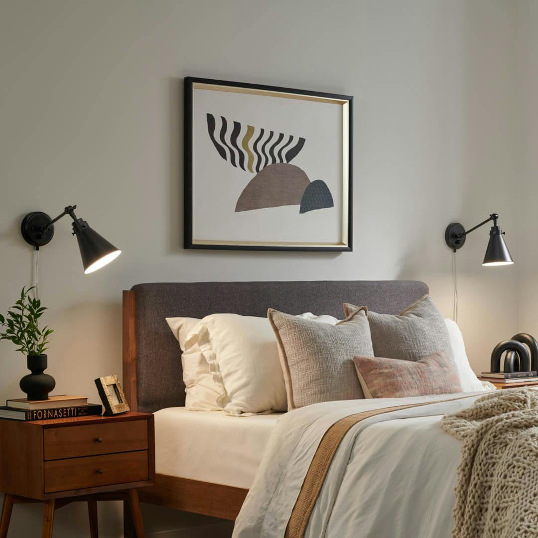Day time bedroom with Rosewood 12 Inch 1 Light Plug-In Wall Sconce in Black 