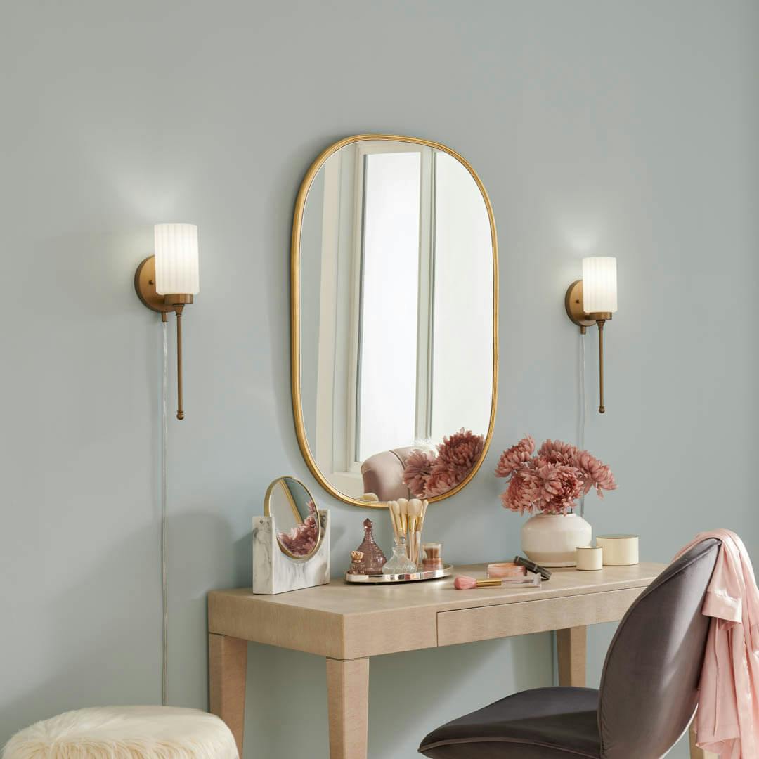 Day time dressing room with Thelma 16 Inch 1 Light Plug-In Wall Sconce with Satin-Etched Cased Opal Glass in Natural Brass
