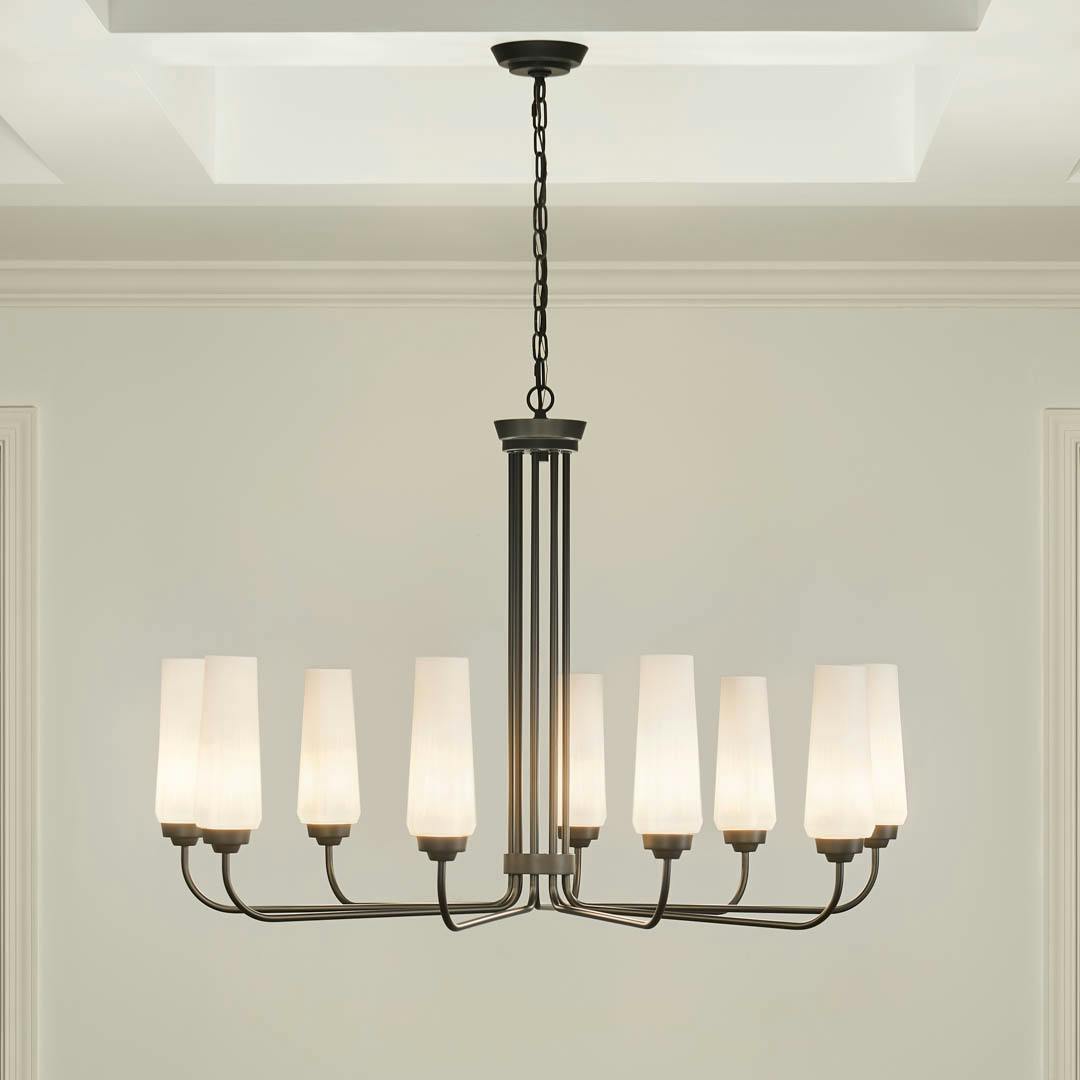 Night time dining room with Truby 9 Light Chandelier Black